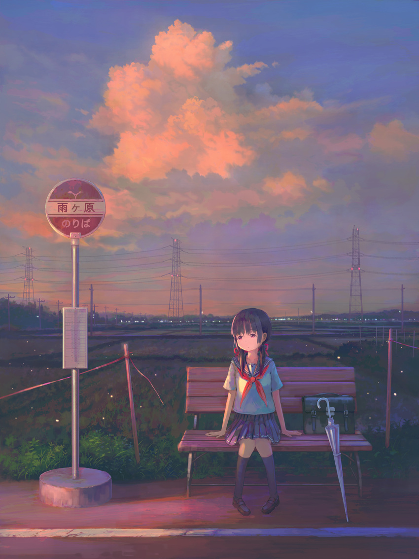1girl bag bench black_socks blue_skirt blue_sky blunt_bangs brown_footwear bus_stop cloud cloudy_sky commentary_request evening feel_(nasitaki) grass hair_ribbon highres kneehighs knees_together_feet_apart light_particles loafers long_hair neckerchief on_bench original outdoors pigeon-toed pleated_skirt power_lines red_eyes red_neckerchief red_ribbon revision ribbon rice_paddy road_sign rural scenery school_uniform serafuku shoes short_sleeves sign sitting sitting_on_bench skirt sky socks solo translated transmission_tower transparent transparent_umbrella twintails umbrella unworn_bag utility_pole wide_shot