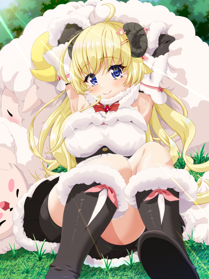 1girl ahoge animal_ears arms_behind_head arms_up black_footwear black_shorts blonde_hair blue_eyes blush boots breasts dress fur-trimmed_boots fur-trimmed_dress fur_trim hair_ornament hairpin highres hololive horns large_breasts long_hair looking_at_viewer misril sheep_ears sheep_girl sheep_horns shorts smile tsunomaki_watame tsunomaki_watame_(1st_costume) virtual_youtuber watamate white_dress