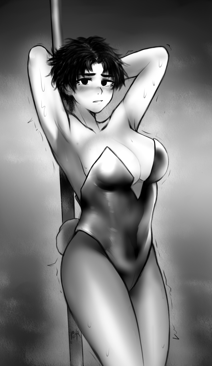 1girl absurdres armpits arms_behind_head arms_up blush borrowed_design breasts dead_by_daylight fake_tail genderswap genderswap_(mtf) greyscale hg_kyle highres jake_park large_breasts monochrome nervous nervous_sweating pantyhose rabbit_tail short_hair solo strapless stripper_pole sweat tail