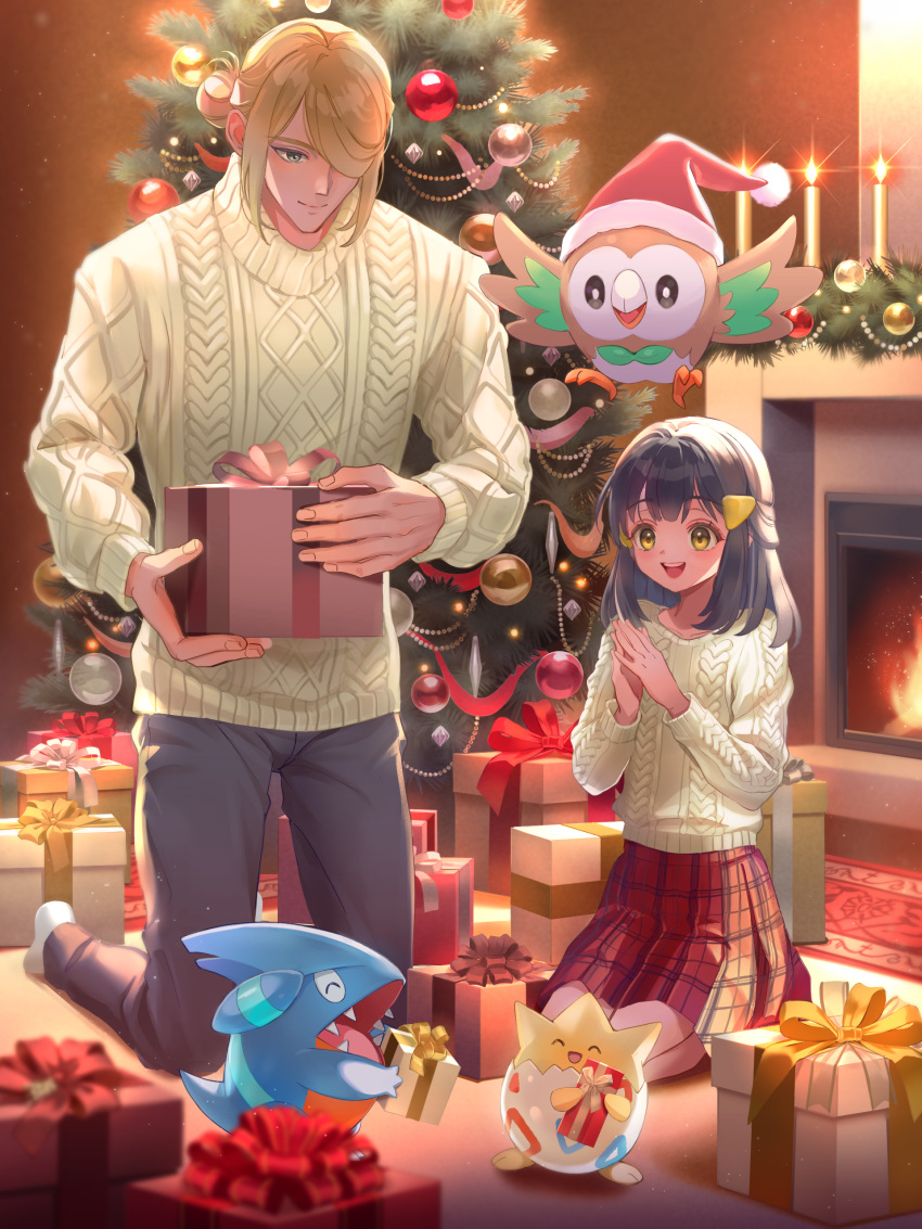 1boy 1girl absurdres akari_(pokemon) blonde_hair blue_eyes blue_hair checkered_clothes checkered_skirt christmas christmas_present christmas_tree fireplace gible gift hair_ornament hair_over_one_eye hairclip hat highres indoors kneeling knit_sweater mitama_(mokochiko) open_mouth own_hands_together pokemon pokemon_(creature) pokemon_legends:_arceus rowlet santa_hat skirt smile togepi volo_(pokemon)