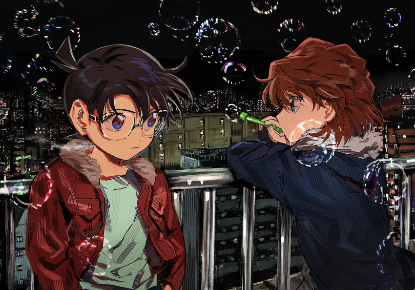 1boy 1girl alternate_costume black_hair brown_hair bubble city edogawa_conan fur-trimmed_jacket fur_trim glasses grey_shirt haibara_ai highres holding jacket meitantei_conan night open_clothes open_jacket outdoors red_jacket segami shirt