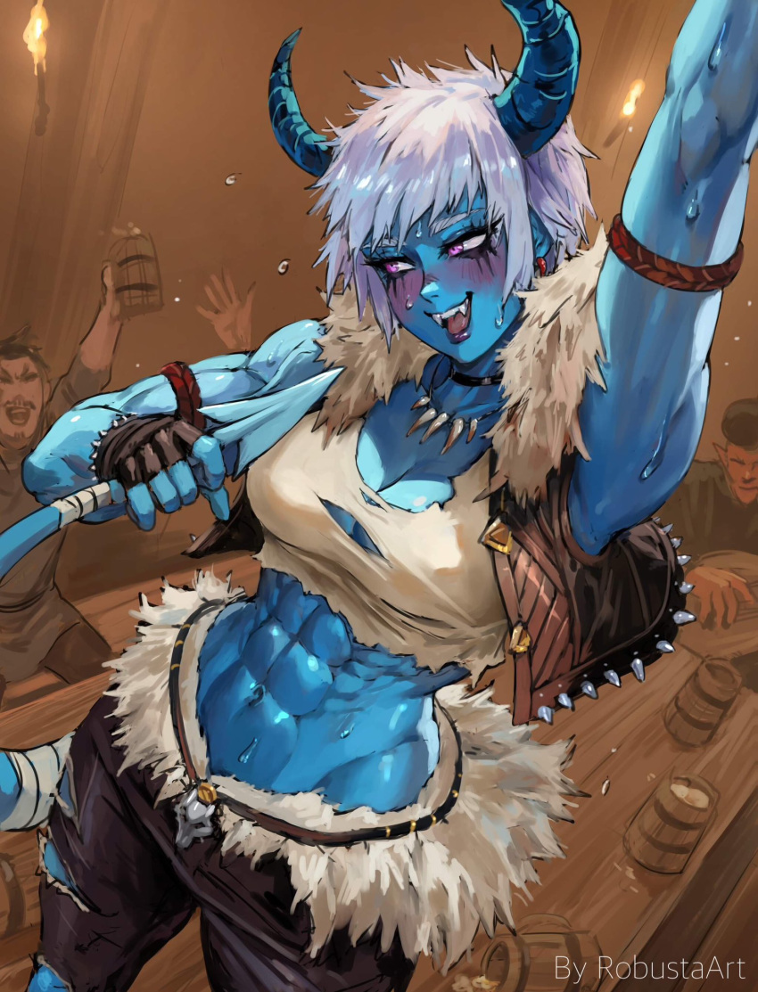 1girl 1other 2boys armband bandaged_tail bandages beer_mug belt blue_skin blush brown_armband brown_jacket brown_pants colored_skin crop_top cup demon_girl demon_horns demon_tail drunk earrings fang fur_trim highres horns instrument jacket jewelry leather leather_jacket lute_(instrument) mug multiple_boys muscular muscular_female navel necklace on_table open_clothes open_jacket original pants purple_eyes robusta_mania shirt sweat sweatdrop table tail tavern tooth_necklace torch torn_clothes torn_pants torn_shirt white_hair