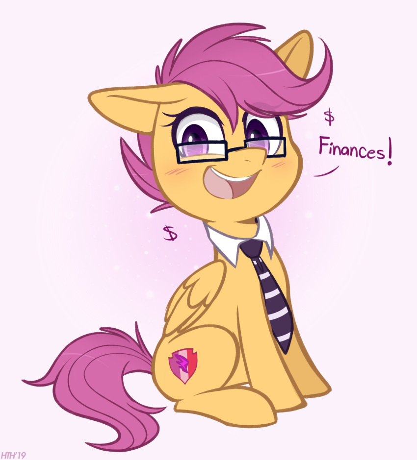 blush currency_symbol dialogue dollar_sign english_text equid equine eyewear female feral friendship_is_magic fur glasses hair hasbro hi_res higglytownhero horse mammal my_little_pony necktie orange_body orange_fur pegasus pony purple_hair scootaloo_(mlp) shirt_collar sitting solo symbol text wings