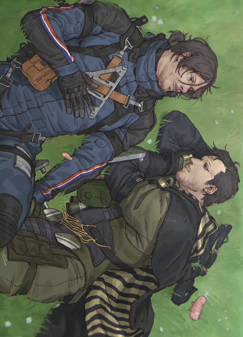 2boys absurdres black_gloves black_hair black_scarf blue_eyes blue_jacket blue_pants death_stranding facial_hair gloves green_jacket green_pants hamms_hamss higgs_(death_stranding) highres jacket looking_at_another lying male_focus multiple_boys on_back on_side pants ponytail sam_porter_bridges scarf short_hair smile two-tone_scarf worm yaoi yellow_scarf