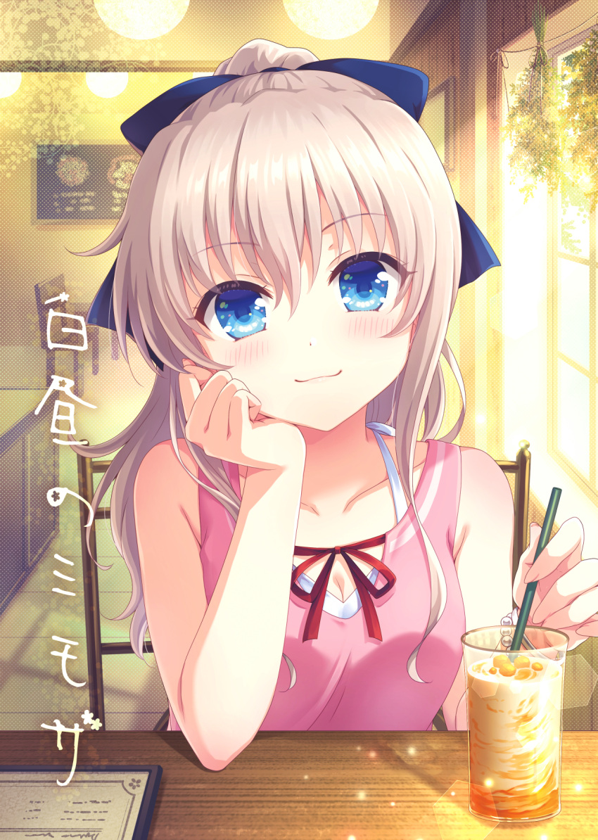 1girl :3 bare_shoulders blue_bow blue_eyes blush bow bracelet breasts cafe casual charlotte_(anime) cleavage closed_mouth collarbone comiket_103 commentary_request cover cover_page day doujin_cover drinking_straw elbow_on_table eyelashes grey_hair hair_between_eyes hair_bow hair_ornament hand_on_own_cheek hand_on_own_face hand_up head_rest highres indoors jewelry kousetsu light_particles long_hair looking_at_viewer medium_breasts neck_ribbon official_alternate_costume official_alternate_hairstyle pink_shirt ponytail red_ribbon ribbon shirt sidelighting sleeveless sleeveless_shirt smile solo straight-on tomori_nao white_hair window