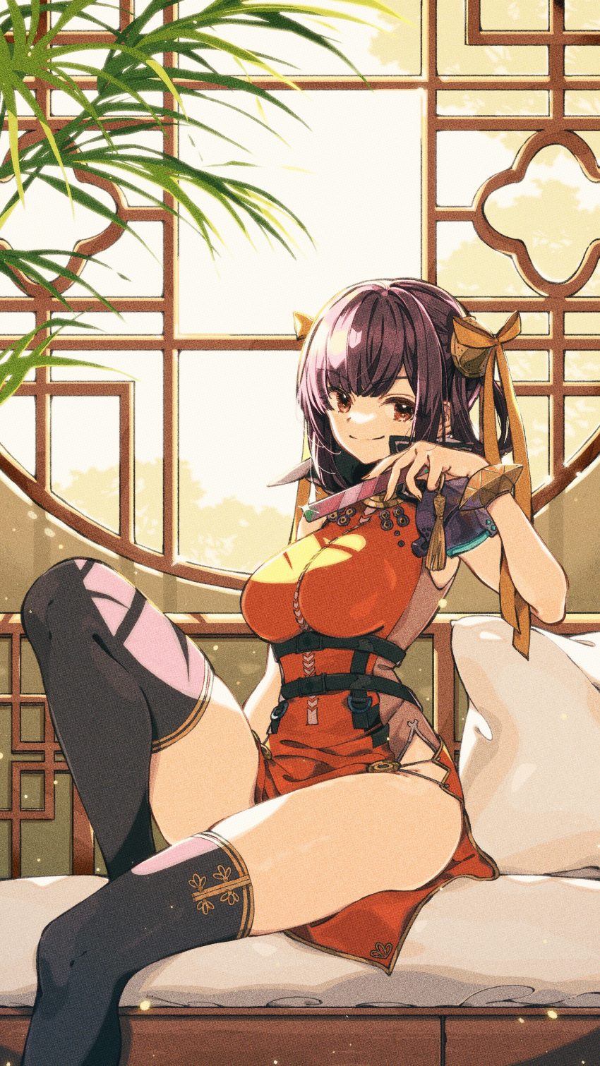 1girl absurdres black_hair black_thighhighs breasts china_dress chinese_clothes dress folded_fan folding_fan hair_ribbon hand_fan heaven_burns_red highres holding holding_fan keishin large_breasts li_yingxia looking_at_viewer red_dress ribbon second-party_source sitting smile solo thighhighs upper_body yellow_ribbon