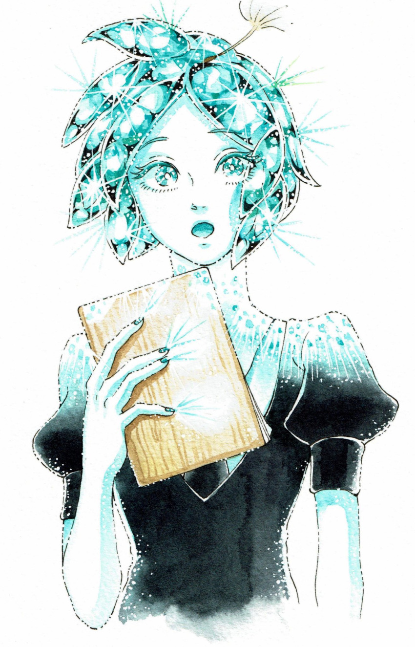 androgynous aqua_eyes aqua_hair clipboard colored_eyelashes crystal_hair gem_uniform_(houseki_no_kuni) glowing glowing_hair highres houseki_no_kuni looking_at_viewer musupon_houseki open_mouth phosphophyllite short_hair solo sparkle traditional_media upper_body white_background white_skin