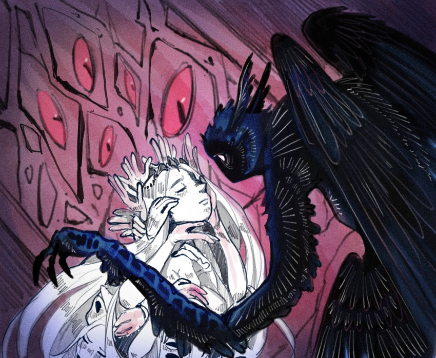 1boy 1girl black_wings closed_eyes english_commentary extra_arms eyeball facing_another feathered_wings highres saelrum slay_the_princess spoilers the_long_quiet_(slay_the_princess) the_shifting_mound_(slay_the_princess) wings