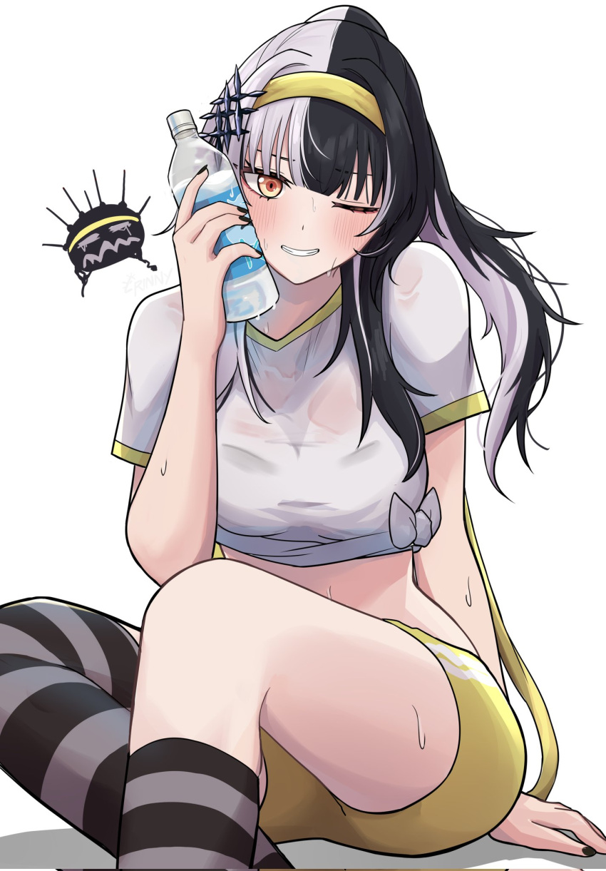 1girl asymmetrical_legwear black_hair black_nails blunt_bangs blush bottle bottle_to_cheek corrupted_twitter_file grey_hair hair_ornament hairband highres holding holding_bottle hololive hololive_english kneehighs long_hair looking_at_viewer multicolored_hair one_eye_closed rinny_rin2 shiori_novella shirt short_sleeves shorts sidelocks socks solo split-color_hair striped striped_socks striped_thighhighs sweat thighhighs tied_shirt upper_body virtual_youtuber water_bottle wet wet_clothes wet_shirt white_background white_shirt yellow_eyes yellow_hairband yellow_shorts yorick_(shiori_novella)