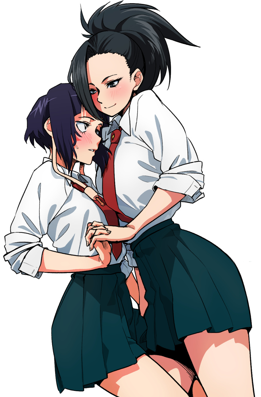 black_hair blue_hair blush boku_no_hero_academia breasts collared_shirt earplugs half-closed_eyes highres holding_hands interlocked_fingers jirou_kyouka leg_between_thighs medium_breasts multiple_girls nukosann parted_lips ponytail red_neckwear school_uniform shirt simple_background sleeves_rolled_up small_breasts smile white_background yaoyorozu_momo yuri