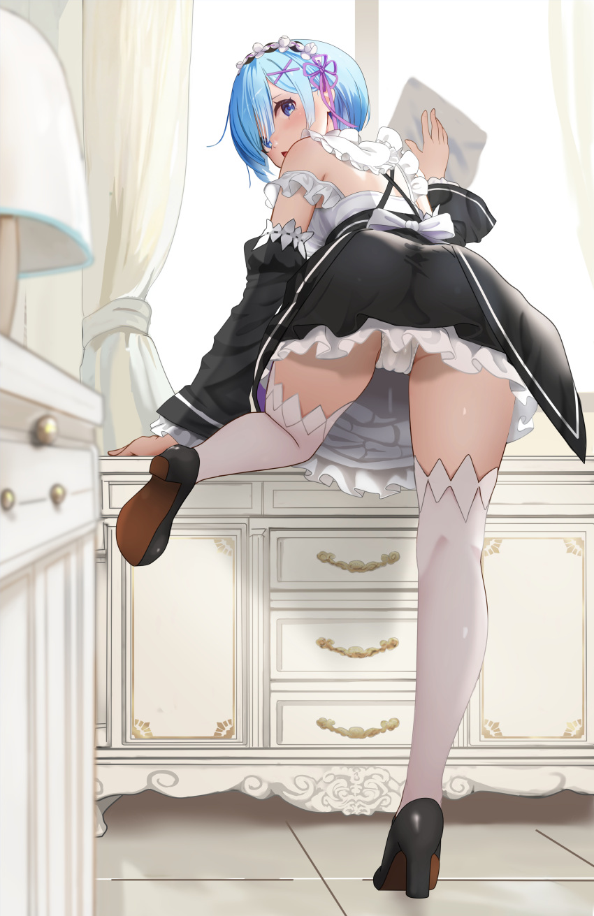 1girl absurdres arm_support ass bare_shoulders black_dress blue_eyes blue_hair blush cleaning cleaning_windows climbing commentary_request day detached_sleeves dress flower frilled_dress frilled_sleeves frills from_behind full_body gibun_(sozoshu) hair_flower hair_ornament hair_over_one_eye hair_ribbon hand_up high_heels highres indoors leaning_forward legs looking_at_viewer looking_back maid_headdress medium_hair on_one_knee open_mouth panties pantyshot purple_ribbon re:zero_kara_hajimeru_isekai_seikatsu rem_(re:zero) ribbon roswaal_mansion_maid_uniform short_hair solo standing strap_slip surprised thighhighs thighs underwear upskirt white_panties wide_sleeves window x_hair_ornament
