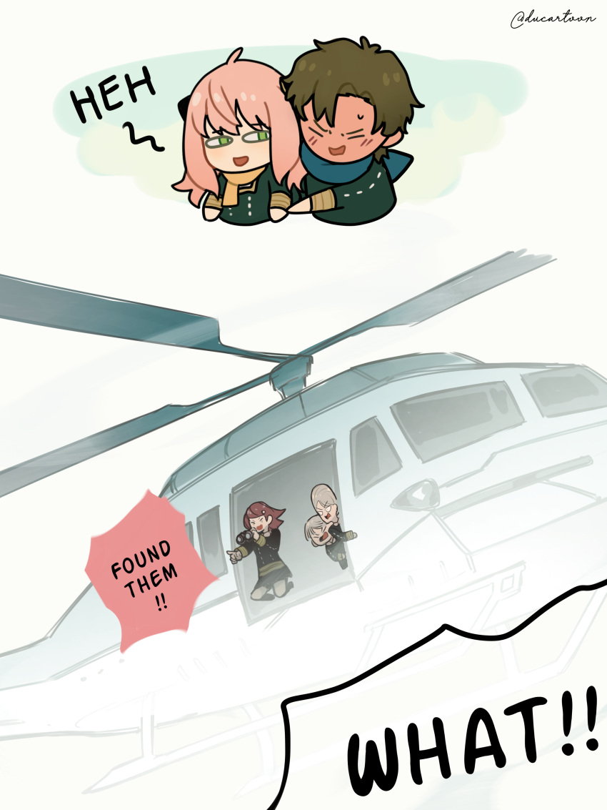 2girls 3boys absurdres aircraft anya_(spy_x_family) becky_blackbell blonde_hair blush brown_hair chibi closed_eyes damian_desmond ducartoon eden_academy_school_uniform emile_elman english_text ewen_egeburg from_behind green_eyes hairpods helicopter highres multiple_boys multiple_girls pink_hair scarf school_uniform short_hair speech_bubble spy_x_family