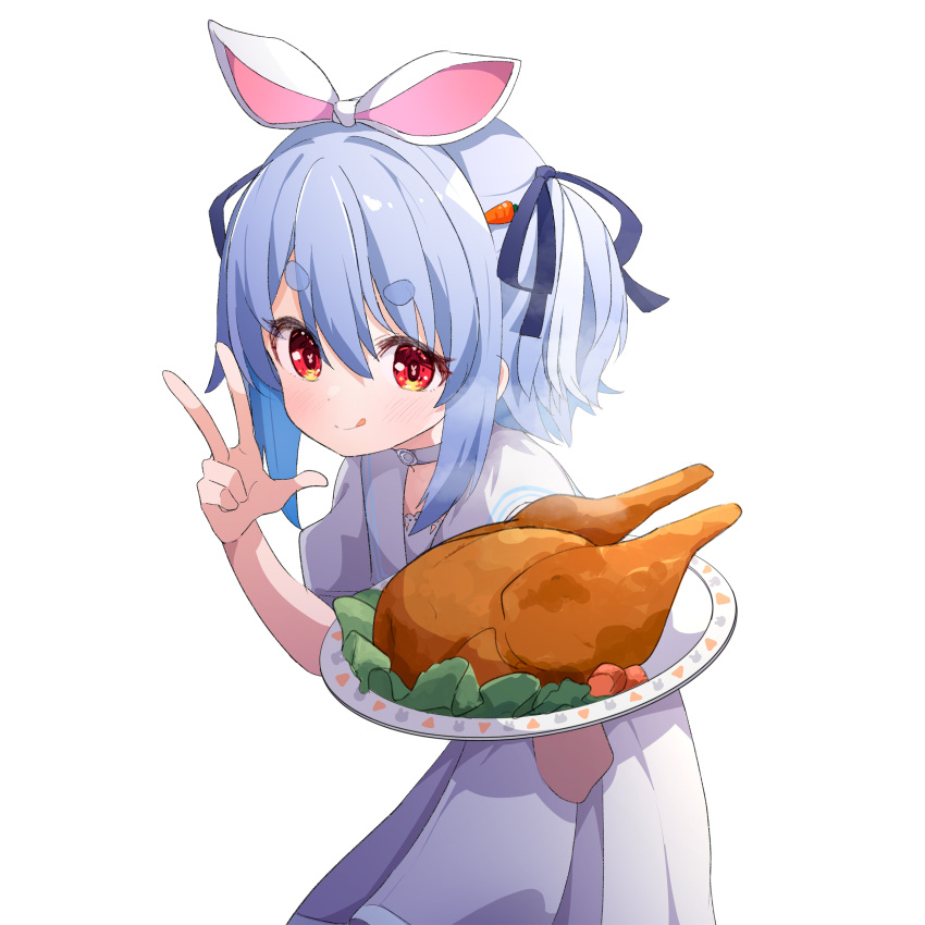 1girl :q absurdres ame. animal_ears blue_hair blue_ribbon blush carrot_hair_ornament choker closed_mouth commentary_request dress food food-themed_hair_ornament hair_between_eyes hair_ornament hair_ribbon hands_up highres holding holding_plate hololive looking_at_viewer multicolored_hair plate puffy_short_sleeves puffy_sleeves rabbit-shaped_pupils rabbit_ears red_eyes ribbon sailor_collar sailor_dress short_eyebrows short_sleeves simple_background smile solo streaked_hair symbol-shaped_pupils thick_eyebrows tongue tongue_out turkey_(food) two-tone_hair usada_pekora virtual_youtuber white_background white_choker white_dress white_hair white_sailor_collar