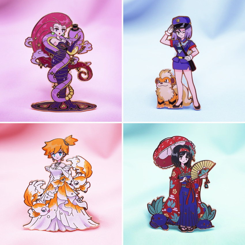 1boy 3girls crossdressing ekans erika_(pokemon) goldeen growlithe hand_fan highres holding holding_umbrella james_(pokemon) japanese_clothes jessie_(pokemon) kimono mamobot misty_(pokemon) multiple_girls oddish otoko_no_ko pokemon pokemon_(anime) pokemon_(classic_anime) pokemon_(creature) umbrella