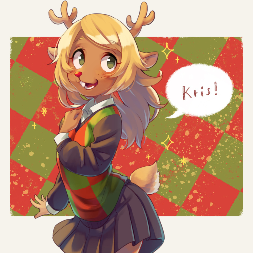 1girl antlers blonde_hair buck_teeth cowboy_shot deer_girl deer_tail deltarune english_text furry furry_female green_eyes grey_skirt highres long_sleeves looking_to_the_side noelle_holiday open_mouth plaid plaid_sweater pleated_skirt red_nose shifumame shirt skirt solo sparkle speech_bubble sweater tail teeth white_shirt