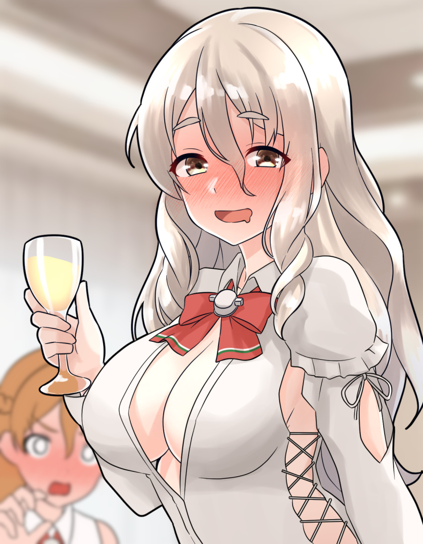 2girls alcohol blonde_hair blurry blurry_background bow bowtie breasts brown_eyes cleavage clothing_cutout cup drunk furaggu_(frag_0416) grey_hair highres holding holding_cup kantai_collection large_breasts long_hair long_sleeves multiple_girls orange_hair pola_(kancolle) red_bow red_bowtie shirt shoulder_cutout solo_focus wavy_hair white_shirt wine zara_(kancolle)