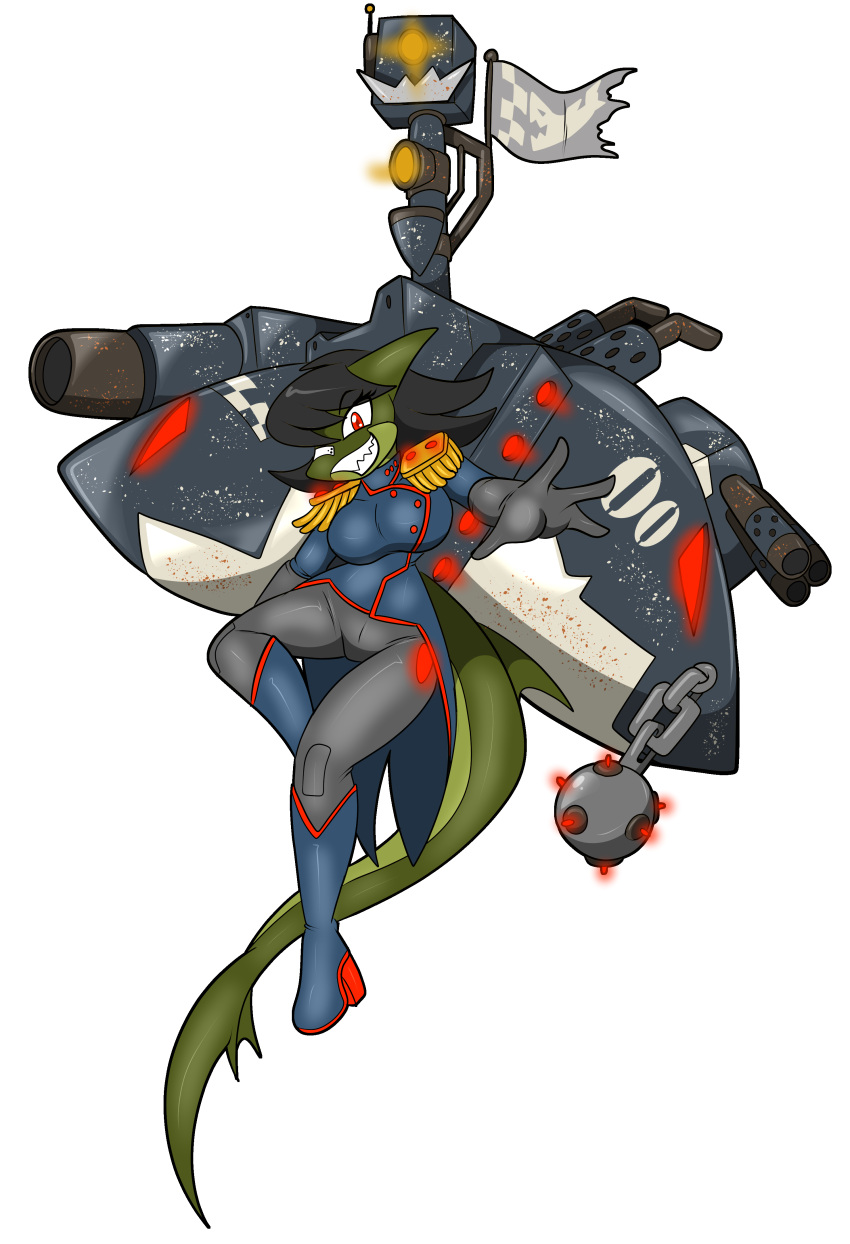 2023 4_fingers absurd_res anthro azur_lane big_breasts black_bottomwear black_clothing black_gloves black_hair black_handwear black_pants blue_boots blue_clothing blue_footwear blue_uniform boots bottomwear breasts cannon chaoscroc clothing exhaust_pipe female fin fingers fish flag_(object) footwear gloves green_body green_scales hair handwear hi_res high_heeled_boots high_heels long_tail looking_at_viewer machine marine metal naval_mine naval_uniform pants ranged_weapon red_eyes red_glow scales scalie shark shoulder_pads solo tail tail_fin uniform weapon yellow_glow