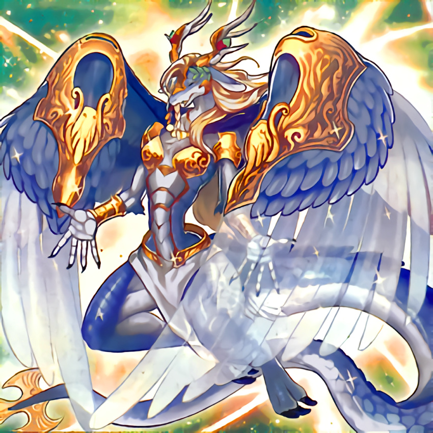 5_fingers anthro armor blonde_hair blue_body blue_scales bottomwear bracelet breasts choker clothing countershade_face countershade_hands countershade_legs countershade_scales countershade_tail countershade_torso countershading dragon duel_monster eyes_closed feathered_dragon feathered_wings feathers female fingers gold_(metal) gold_armor gold_bracelet gold_choker gold_jewelry gold_necklace hair jewelry loincloth necklace non-mammal_breasts official_art open_mouth saffira_queen_of_dragons scales small_breasts snout solo tail takahashi_kazuki three-quarter_view white_body white_bottomwear white_clothing white_countershading white_loincloth white_scales wings yu-gi-oh!