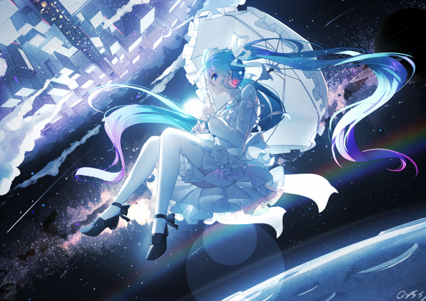 backlighting bai_yemeng bare_shoulders black_footwear blue_eyes blue_hair blue_nails city cloud commentary_request detached_sleeves dress earrings eyebrows_visible_through_hair finger_to_mouth frilled_dress frilled_sleeves frills full_body glowing hair_between_eyes hair_ribbon hatsune_miku holding holding_umbrella index_finger_raised jewelry lens_flare long_hair long_sleeves looking_at_viewer looking_to_the_side milky_way moon nail_polish neck_ribbon night night_sky outdoors parted_lips rainbow ribbon saturn shoes shooting_star shushing sidelocks sideways_glance signature sky smile solo star_(sky) thighhighs twintails umbrella very_long_hair vocaloid white_dress white_legwear white_neckwear white_ribbon