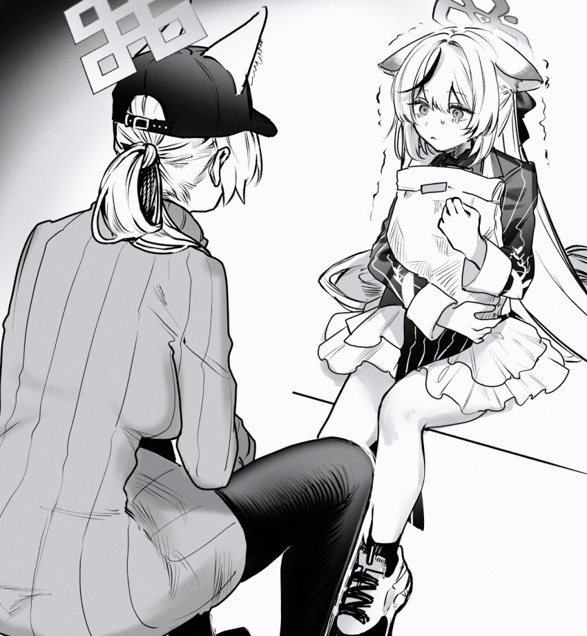 2girls ahoge animal_ear_fluff animal_ears bag baseball_cap blue_archive dog_ears dress ears_through_headwear extra_ears frilled_skirt frills greyscale hair_between_eyes halo hat highres holding holding_bag kanna_(blue_archive) kokona_(blue_archive) long_hair monochrome motion_lines multiple_girls paper_bag pelvic_curtain shoes sidelocks single_hair_ring sitting skirt sneakers socks striped_clothes striped_dress sweatdrop teardrop trembling tsuno_(tnngur) turtleneck_dress vertical-striped_clothes vertical-striped_dress very_long_hair