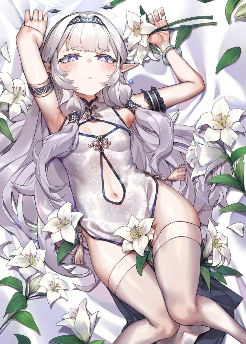 1girl alternate_costume armpits black_hairband blue_archive blush breasts china_dress chinese_clothes closed_mouth dress feet_out_of_frame flower hair_tubes hairband highres himari_(blue_archive) knees_together_feet_apart lily_(flower) long_hair looking_at_viewer lying mole mole_under_eye navel on_back pointy_ears purple_eyes small_breasts solo thighhighs wei_yu white_dress white_flower white_hair white_thighhighs