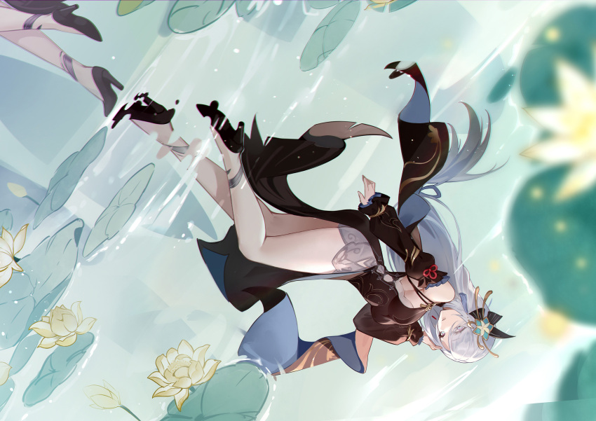 1girl bare_legs black_dress black_footwear commentary_request detached_sleeves dress genshin_impact grey_hair hair_ornament high_heels highres lily_pad long_hair long_sleeves official_alternate_costume reflection shenhe_(frostflower_dew)_(genshin_impact) shenhe_(genshin_impact) solo thighs very_long_hair woodylixx