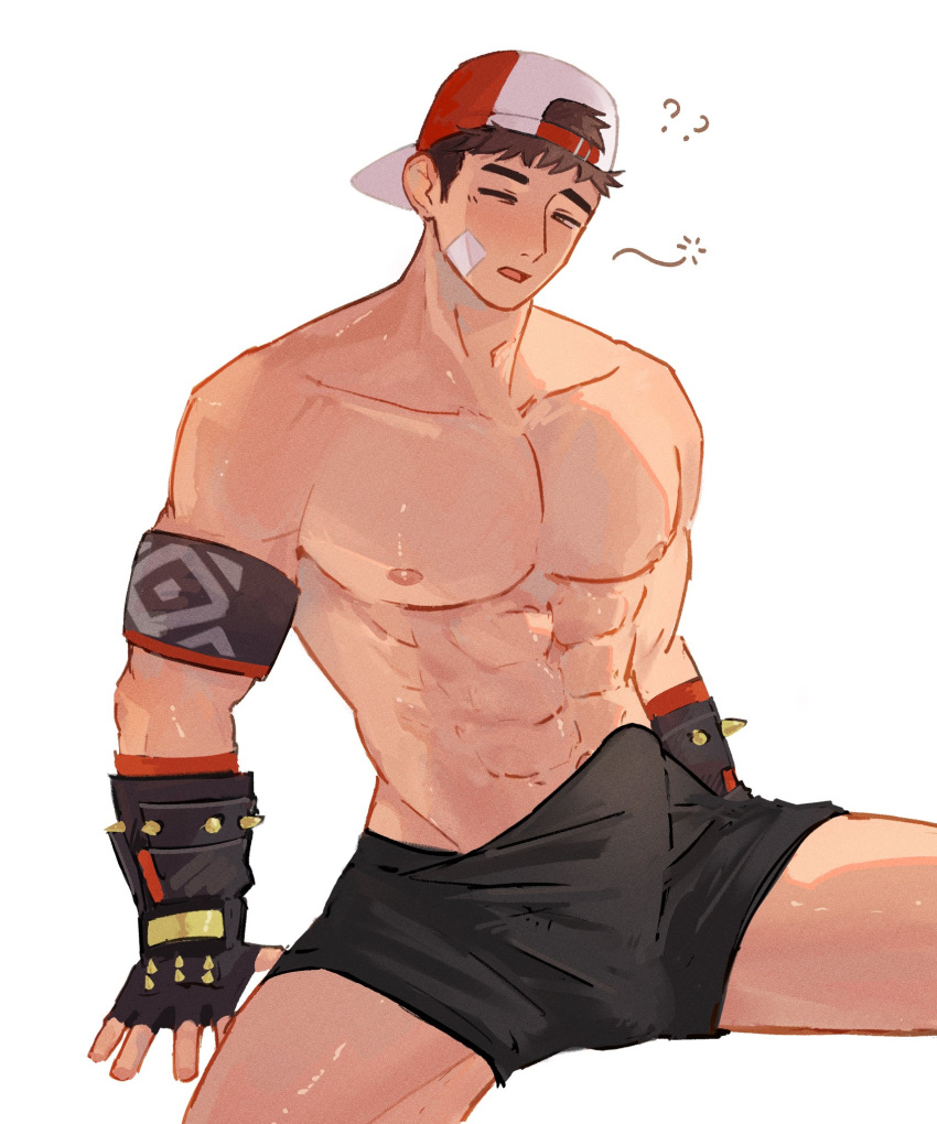 1boy ? ?? abs armband backwards_hat bandaid bandaid_on_cheek bandaid_on_face bara baseball_cap beom_liben black_armband black_gloves black_male_underwear boyoishere brown_hair bulge commission commissioner_upload cowboy_shot erection erection_under_clothes fingerless_gloves gloves hat highres large_pectorals male_focus male_underwear muscular muscular_male navel one_eye_closed open_mouth original pectorals short_hair simple_background sitting sleep_bubble solo spiked_gloves spread_legs topless_male underwear underwear_only white_background