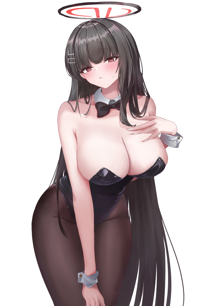 1girl absurdres alternate_costume bare_shoulders black_bow black_bowtie black_hair black_leotard black_pantyhose blue_archive blush bow bowtie breasts collarbone detached_collar groin halo highres huge_breasts leotard long_hair looking_at_viewer nonoka7221 pantyhose playboy_bunny red_eyes rio_(blue_archive) simple_background solo straight_hair strapless strapless_leotard sweatdrop very_long_hair white_background wrist_cuffs