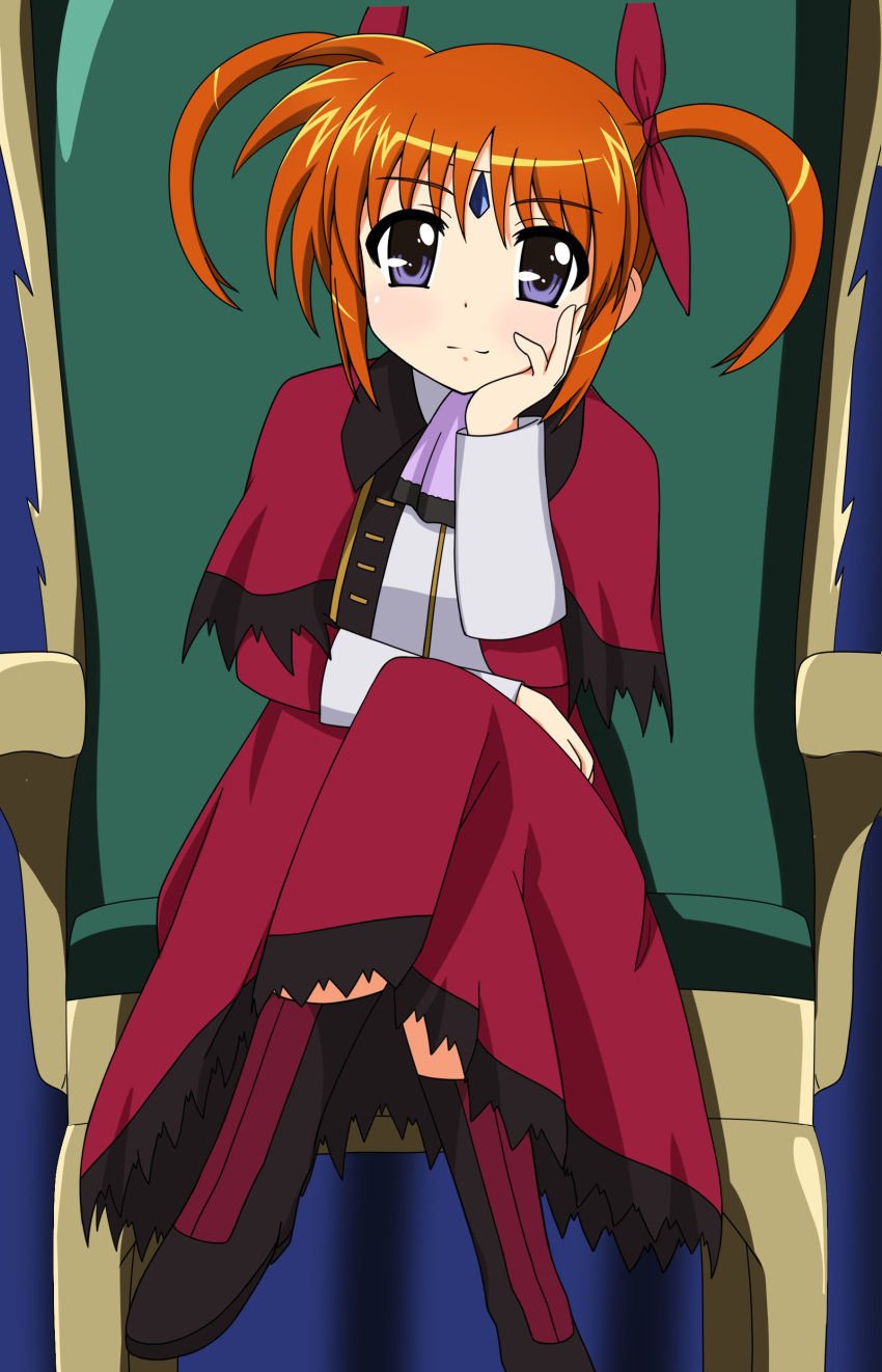 1girl absurdres aura_maha_khyber brown_hair dress gundam gundam_seed gundam_seed_freedom hand_on_own_face highres long_hair lyrical_nanoha purple_eyes red_dress red_ribbon ribbon sitekisyugi sitting takamachi_nanoha tamura_yukari twintails voice_actor_connection