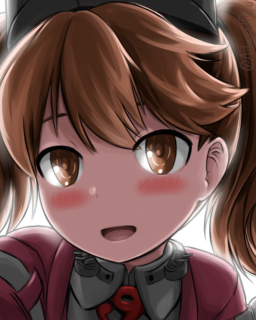 :d admiral_paru backlighting bangs brown_eyes brown_hair close-up eyebrows face highres kantai_collection looking_at_viewer magatama open_mouth ryuujou_(kantai_collection) smile solo twintails twitter_username visor_cap