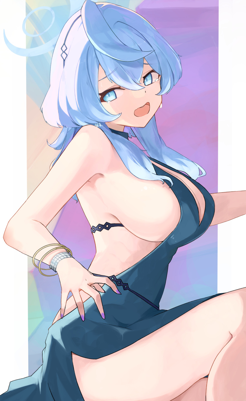 1girl absurdres ako_(blue_archive) ako_(dress)_(blue_archive) black_hairband blue_archive blue_dress blue_eyes blue_hair breasts chankuro cleavage dress earrings feet_out_of_frame fingernails hair_between_eyes hairband highres jewelry large_breasts long_hair looking_at_viewer nail_polish official_alternate_costume open_mouth purple_nails sideboob sleeveless sleeveless_dress solo thighs