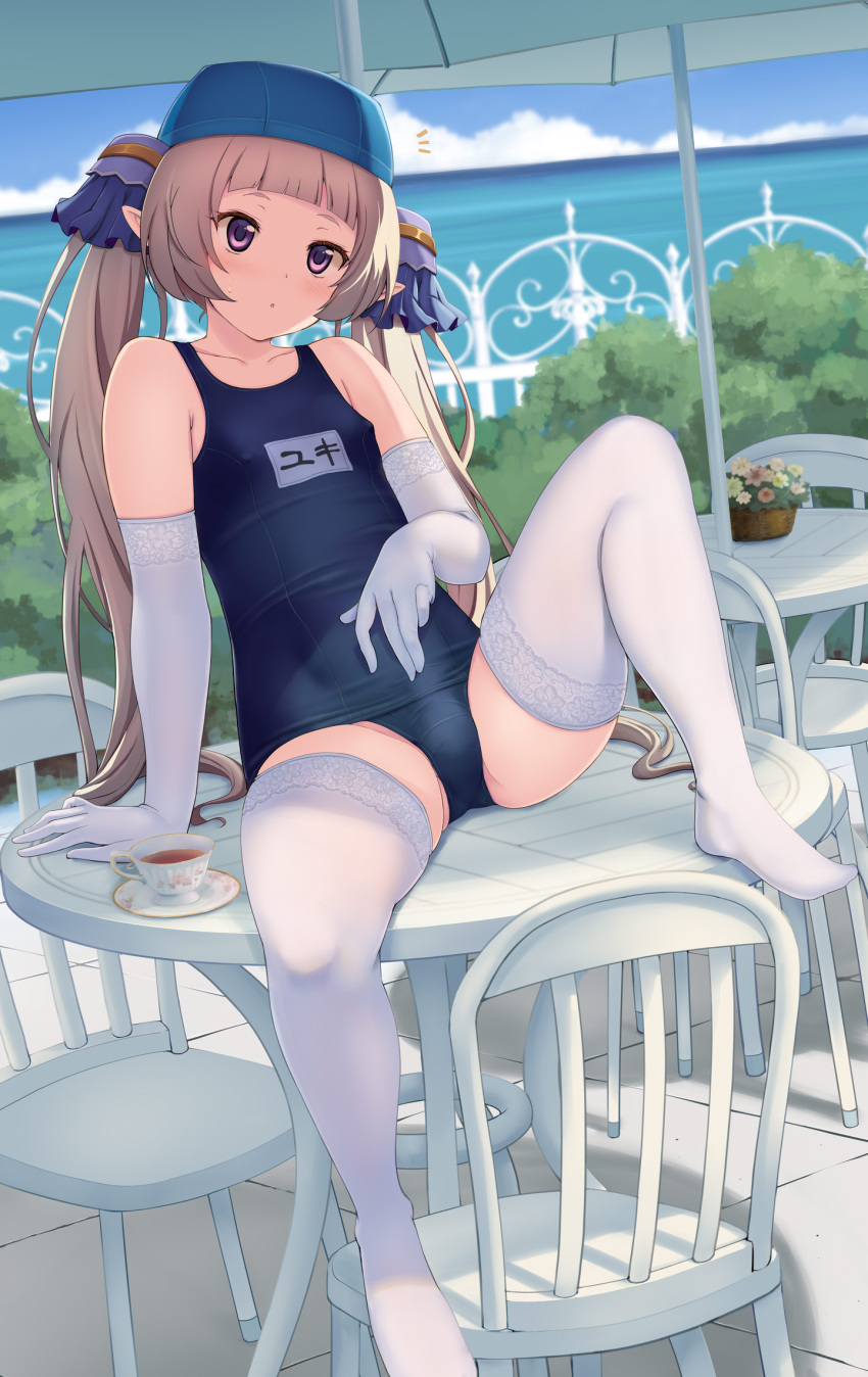 1boy :o arm_support blue_one-piece_swimsuit blunt_bangs blush bulge chair collarbone commentary_request commission covered_nipples covered_penis cup day dutch_angle elbow_gloves gloves grey_hair hand_on_own_stomach highres knee_up lace-trimmed_gloves lace-trimmed_thighhighs lace_trim leaning_back long_hair looking_at_viewer male_focus name_tag nishiyama_maruta notice_lines old_school_swimsuit on_table one-piece_swimsuit otoko_no_ko outdoors paid_reward_available parasol pixiv_commission pointy_ears princess_connect! purple_eyes school_swimsuit shade sitting solo spread_legs swim_cap swimsuit table taut_clothes taut_swimsuit tea teacup thighhighs tile_floor tiles twintails umbrella variant_set white_gloves white_thighhighs yuki_(princess_connect!)