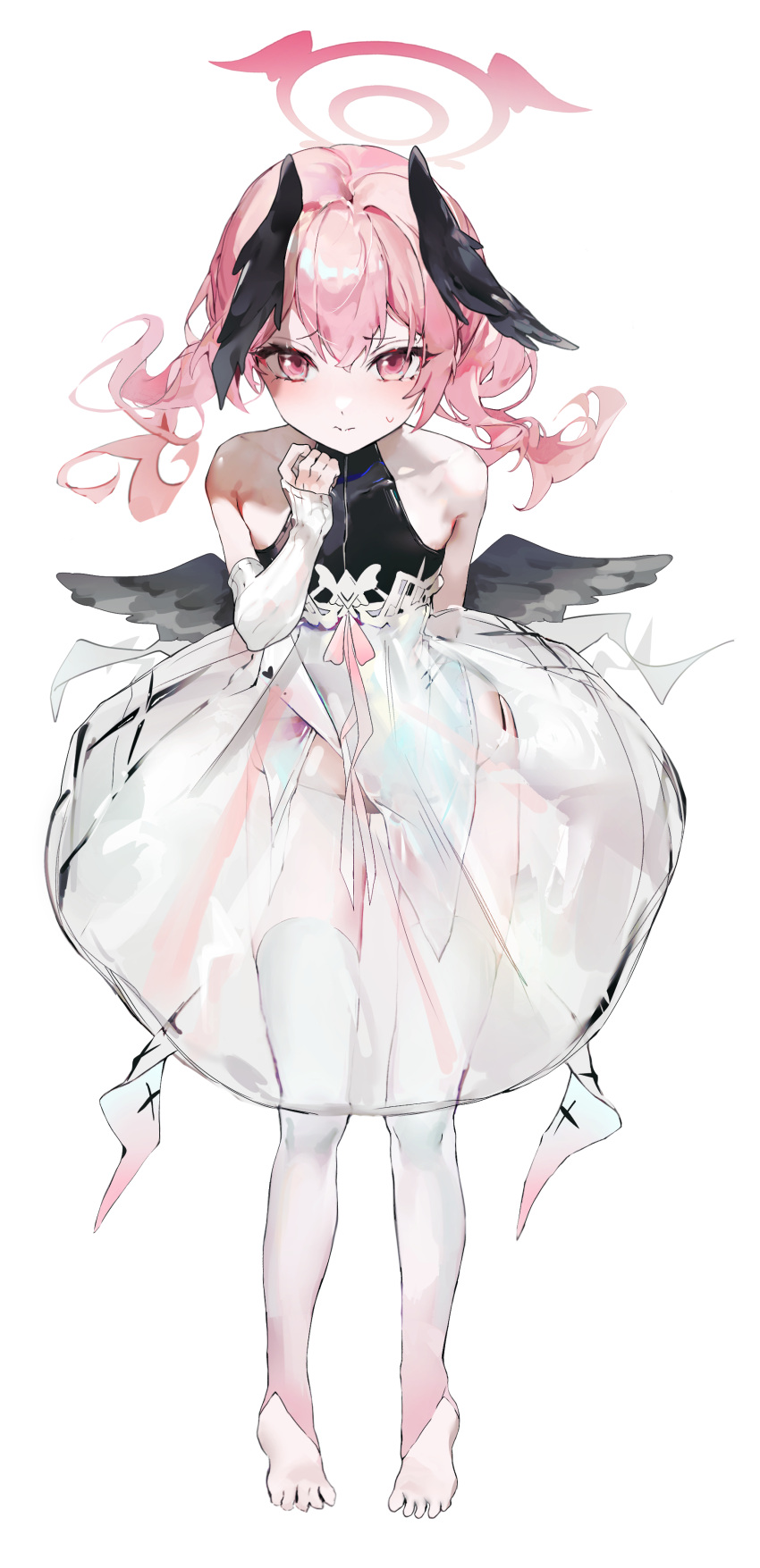 1girl absurdres barefoot black_wings blue_archive blush closed_mouth collarbone dress full_body groin halo head_wings highres koharu_(blue_archive) long_hair looking_at_viewer pink_eyes pink_hair r_aeel red_halo simple_background solo twintails white_background white_dress wings