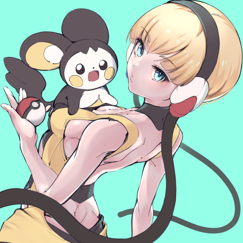 1girl absurdres aqua_background back bare_arms bare_shoulders black_choker blonde_hair blue_eyes blunt_bangs choker dress elesa_(pokemon) emolga flying_squirrel headphones highres holding holding_poke_ball mokuyama_hito poke_ball poke_ball_(basic) pokemon pokemon_(creature) pokemon_bw short_hair sleeveless sleeveless_dress squirrel yellow_dress