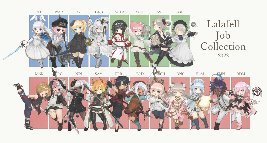 2b_(nier:automata) 2b_(nier:automata)_(cosplay) 2boys 6+girls animal_ears animal_print arm_behind_head armor armpits arrow_(projectile) ascot astrologian_(final_fantasy) asymmetrical_legwear axe balancing bandaged_ankle bandaged_hand bandages bard_(final_fantasy) belt belt_pouch beret black_ascot black_cape black_dress black_footwear black_gloves black_hair black_headdress black_headwear black_hoodie black_jacket black_mage black_nails black_pants black_ribbon black_shirt black_shorts black_skirt black_socks black_sweater black_thighhighs blonde_hair blue_collar blue_dress blue_eyes blue_footwear blue_hair blue_pants blue_shirt blue_shorts blush blush_stickers book boots bow_(weapon) braid braided_ponytail brown_eyes brown_footwear brown_gloves brown_hair brown_headwear brown_vest cape capelet card chakram checkered_clothes checkered_legwear cleavage_cutout closed_mouth clothing_cutout coat coat_of_arms collar color-coded cosplay cross cross-laced_footwear cross_necklace dagger dancer dancer_(final_fantasy) dark-skinned_female dark_knight_(final_fantasy) dark_skin demon_horns denim denim_shorts detached_sleeves dot_mouth dragoon_(final_fantasy) dress drill_hair dual_wielding earrings english_text eyebrows_hidden_by_hair eyepatch fairy fake_animal_ears fedora final_fantasy final_fantasy_xiv fingernails flat_cap flat_chest flower full_body gloves glowing glowing_weapon goggles goggles_on_headwear gold_trim greatsword greaves green_eyes grey_hair grimoire grin gun gunblade gunbreaker_(final_fantasy) hair_between_eyes hair_bun hair_flower hair_ornament hair_over_one_eye hat hat_flower hat_ribbon head_tilt high_heel_boots high_heels high_kick highres holding holding_axe holding_book holding_bow_(weapon) holding_card holding_dagger holding_gun holding_knife holding_scythe holding_shield holding_staff holding_sword holding_weapon hood hoodie horns jacket jewelry kicking knee_boots knife lalafell large_ribbon leaning_forward leaning_on_weapon leaning_to_the_side leopard_print light_blue_hair light_blush light_smile lips long_bangs long_hair looking_at_viewer machinist_(final_fantasy) mage_staff maid maid_headdress mask mask_on_head medium_hair mini_hat mini_top_hat monk_(final_fantasy) multicolored_hair multiple_boys multiple_girls nail_polish navel neck_ribbon necklace ninja_(final_fantasy) one_eye_closed open_mouth orange_eyes outstretched_arm paladin_(final_fantasy) pants partially_fingerless_gloves pink_cape pink_eyes pink_footwear pink_hair pink_jacket pink_sleeves pointy_ears ponytail pouch puffy_sleeves puluie purple_hair rabbit_ears rapier reaper_(final_fantasy) red_eyes red_mage red_ribbon red_shirt red_shorts red_skirt ribbon ring robe sage_(final_fantasy) samurai_(final_fantasy) sandals scabbard scholar_(final_fantasy) scrunchie scythe shadow sharp_fingernails sheath shield shirt shoes short_hair short_shorts shorts shoulder_pads side_ponytail side_slit simple_background single_earring skirt smile smug sneakers socks spiked_hair split staff standing standing_on_one_leg standing_split streaked_hair striped_clothes striped_socks striped_thighhighs summoner_(final_fantasy) sweater sword tarot tarot_(card) teeth thigh_boots thigh_strap thighhighs tiara tiptoes toes top_hat triangle_mouth twin_braids twin_drills twintails two-tone_dress unsheathing upper_teeth_only veil vest waist_ribbon walking warrior_(final_fantasy) warrior_of_light_(ff14) weapon weapon_behind_back white_ascot white_capelet white_coat white_collar white_dress white_eyes white_flower white_hair white_headwear white_hoodie white_jacket white_mage white_pants white_ribbon white_robe white_shirt white_shorts white_thighhighs white_tunic wide_sleeves wrist_scrunchie zettai_ryouiki