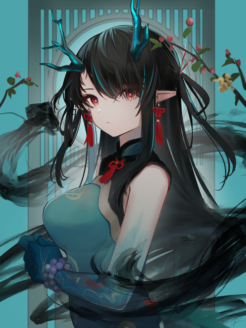 1girl absurdres aqua_background aqua_dress aqua_horns arknights bead_necklace beads black_hair breasts china_dress chinese_clothes closed_mouth colored_extremities colored_skin commentary_request dragon_horns dress dusk_(arknights) dusk_(everything_is_a_miracle)_(arknights) earrings gradient_skin highres horns jewelry large_breasts long_hair multicolored_hair necklace official_alternate_costume pointy_ears red_eyes sidelocks sleeveless sleeveless_dress solo streaked_hair upper_body yunnasu