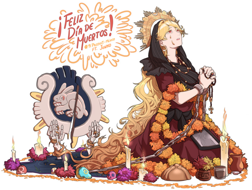 alternate_costume bread bunny calavera candle chain commentary_request crack crescent cross cuffs dia_de_los_muertos dress earrings eyebrows_visible_through_hair fire flower food hands_clasped headdress jewelry junko_(touhou) kneeling long_hair looking_up marigold mefomefo necklace open_mouth own_hands_together picture_frame pitcher praying puddle red_dress red_eyes ring rosary sash saucer shackles shawl shield simple_background skeletal_arm skeletal_hand skull solo spanish_commentary tears text_focus touhou very_long_hair white_background