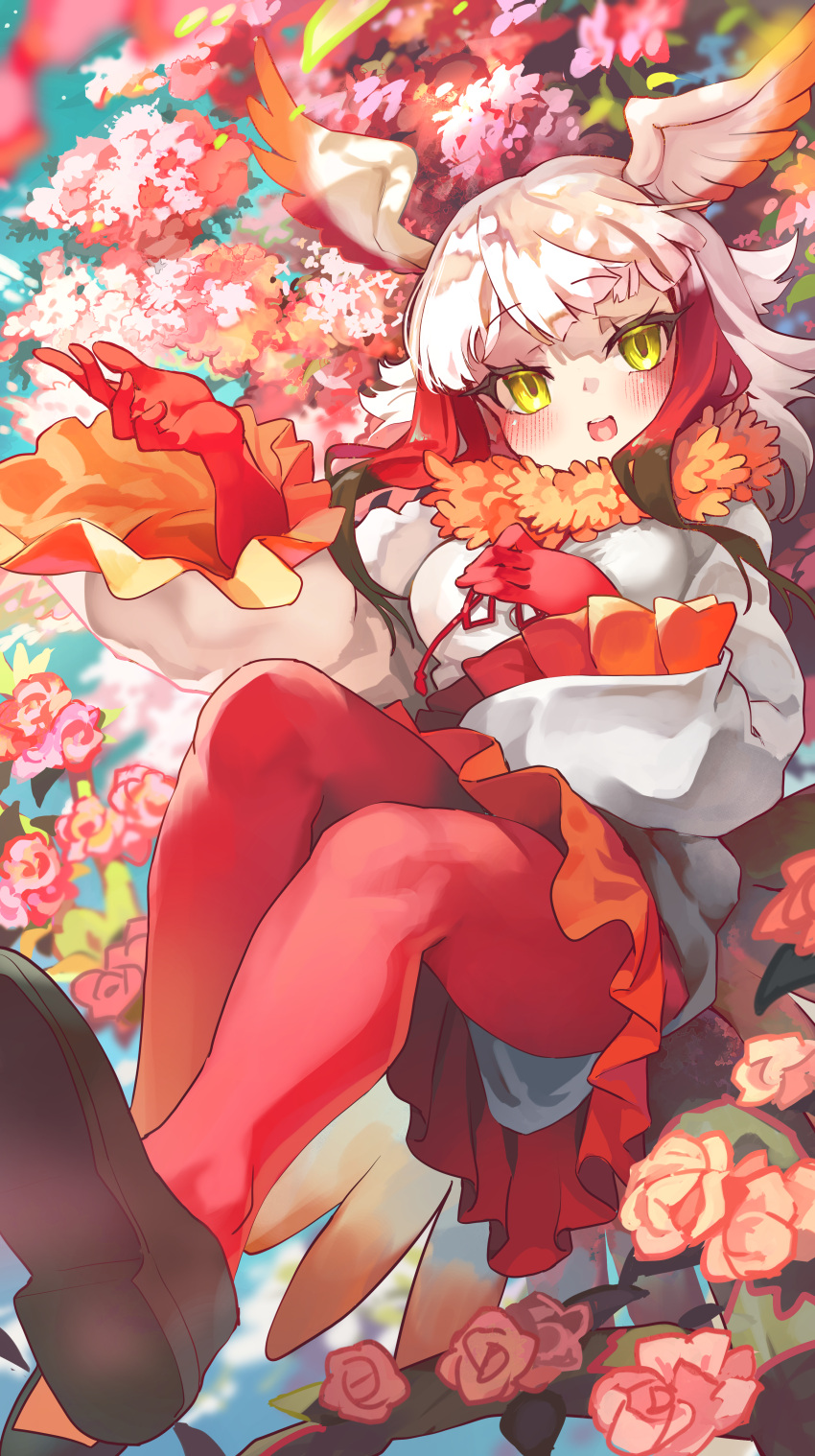 1girl absurdres black_footwear blue_sky branch breasts colored_skin commentary flower fur_collar hand_on_own_chest hand_up head_wings highres japanese_crested_ibis_(kemono_friends) kemono_friends looking_at_viewer medium_breasts melaton multicolored_hair open_mouth outdoors pantyhose pink_flower red_hair red_pantyhose red_skin red_skirt shirt skirt sky smile solo two-tone_hair white_hair white_shirt wings yellow_eyes