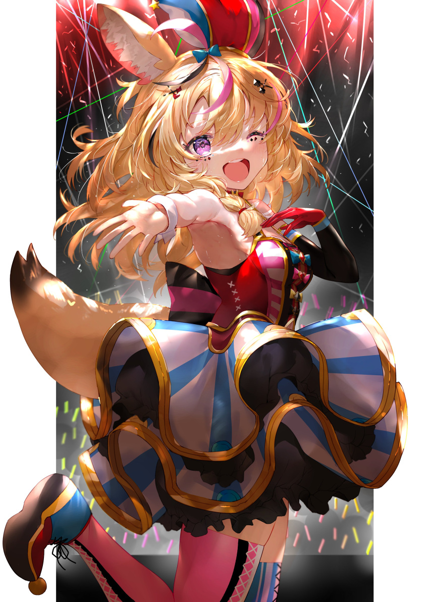 1girl absurdres animal_ear_fluff animal_ears black_hair blue_shirt blue_skirt blue_thighhighs braid braided_ponytail breasts elbow_gloves fox_ears fox_girl fox_tail gloves hair_ornament hair_over_shoulder hat heart heart_in_eye highres hololive jester_cap kou_mashiro long_hair looking_at_viewer medium_breasts omaru_polka omaru_polka_(1st_costume) one_eye_closed open_mouth outstretched_hand pink_hair pink_thighhighs pointy_footwear purple_eyes red_footwear red_gloves red_shirt shirt shoes single_braid skirt sleeveless sleeveless_shirt smile symbol_in_eye tail teeth thighhighs tilted_headwear two-tone_shirt two-tone_skirt upper_teeth_only virtual_youtuber white_skirt white_wrist_cuffs wrist_cuffs x_hair_ornament