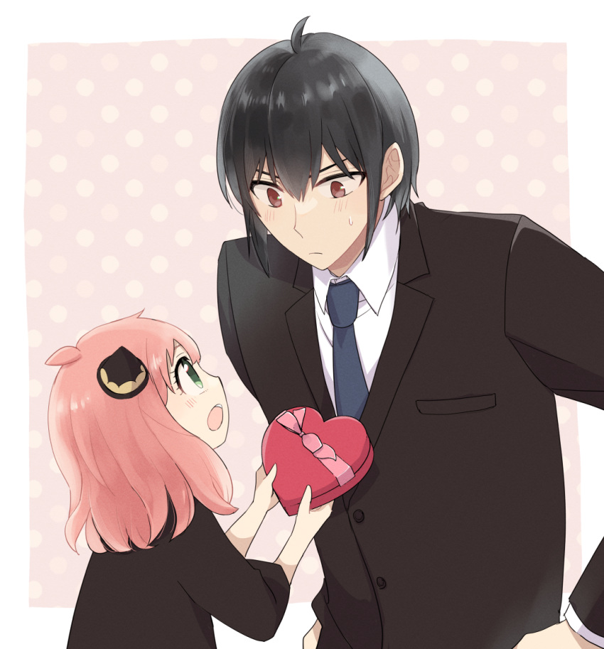 1boy 1girl anya_(spy_x_family) black_dress black_hair black_jacket black_suit blue_necktie blush box child dress green_eyes hairpods heart-shaped_box jacket long_sleeves mello79 necktie open_mouth pink_hair red_eyes short_hair spy_x_family suit yuri_briar