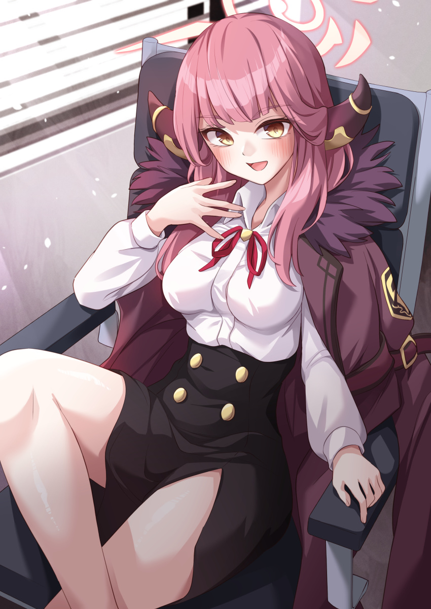 1girl :d \||/ absurdres aru_(blue_archive) black_skirt blue_archive blunt_bangs blush breasts brown_coat chair coat collared_shirt commentary crossed_legs curvy demon_horns eyelashes feet_out_of_frame fur-trimmed_coat fur_trim halo hand_up high-waist_skirt highres hip_vent horns indoors long_hair long_sleeves looking_at_viewer medium_breasts office_chair on_chair open_clothes open_coat open_mouth pink_hair ramie_(ramie541) shirt sidelighting sitting skirt smile solo swivel_chair thighs tsurime white_shirt window yellow_eyes yellow_halo