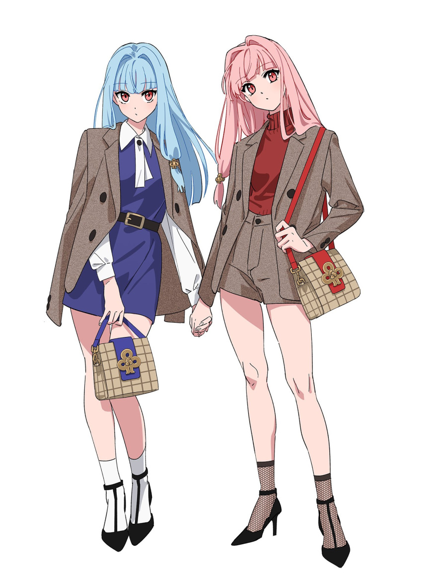 2girls alternate_costume bag belt black_belt blue_dress blue_hair brown_jacket brown_shorts closed_mouth collared_dress dress fashion fishnet_socks fishnets full_body hair_intakes handbag high-waist_shorts high_heels highres holding holding_bag holding_hands holding_strap jacket jacket_on_shoulders kotonoha_akane kotonoha_aoi lapels long_sleeves low-tied_sidelocks moya_(toatomoot) multiple_girls open_clothes open_jacket pink_hair red_eyes red_sweater short_dress short_shorts shorts shoulder_bag siblings simple_background single_sidelock sisters socks standing strappy_heels sweater sweater_tucked_in turtleneck turtleneck_sweater voiceroid white_background white_sleeves white_socks