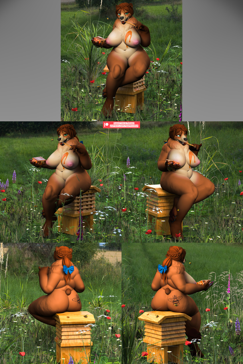 absurd_res anthro arthropod bambookat bear bee claws female flower food grass hi_res honey_(food) huge_filesize hymenopteran insect mammal plant sitting solo