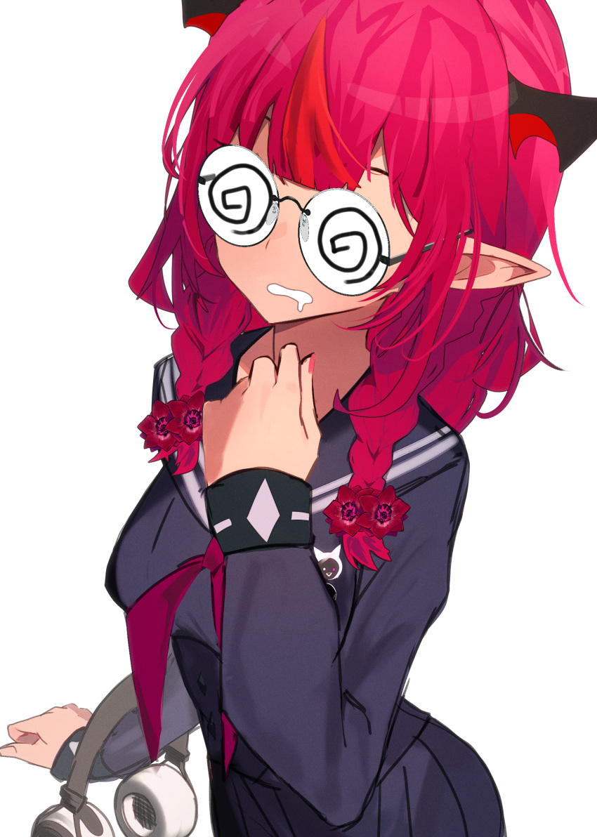 1girl absurdres blue_shirt blue_skirt braid coke-bottle_glasses drooling flower getto glasses hair_flower hair_ornament headphones headphones_removed highres holding holding_headphones hololive hololive_english horns irys_(gamer)_(hololive) irys_(hololive) long_hair long_sleeves mouth_drool multicolored_hair neckerchief pleated_skirt pointy_ears purple_hair red_hair red_neckerchief round_eyewear school_uniform serafuku shirt simple_background skirt solo streaked_hair twin_braids virtual_youtuber white_background