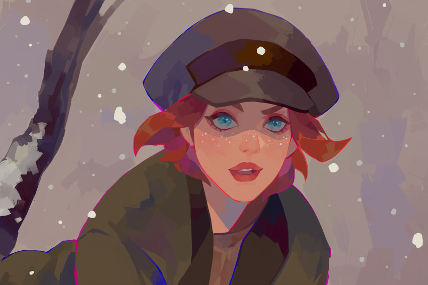 1girl absurdres anastasia_(1997) anya_(anastasia) blue_eyes close-up eyeshadow green_jacket hat highres jacket looking_to_the_side makeup pink_eyeshadow red_hair short_hair snow snowing solo tree vonnabeee