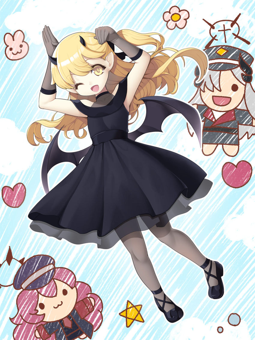 3girls :3 :d ;d arms_up bare_shoulders black_dress black_footwear black_headwear black_wings blonde_hair blue_archive commentary_request covered_collarbone demon_girl demon_horns demon_wings dress elbow_gloves flower gloves grey_gloves grey_hair grey_pantyhose hair_ornament hat heart highres horns ibuki_(blue_archive) ibuki_(dress)_(blue_archive) iroha_(blue_archive) koflif low_wings makoto_(blue_archive) multiple_girls one_eye_closed pantyhose peaked_cap pleated_dress red_hair shoes smile solid_circle_eyes star_(symbol) wings yellow_eyes