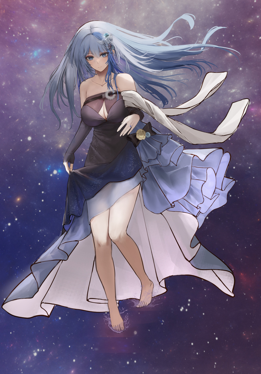 1girl absurdres alc.3vol barefoot blue_eyes blue_hair breasts cleavage dress girls'_frontline girls'_frontline_neural_cloud highres hubble_(ever-radiant_star)_(neural_cloud) hubble_(neural_cloud) jewelry large_breasts light_blue_hair multicolored_hair official_alternate_costume ring smile solo space streaked_hair