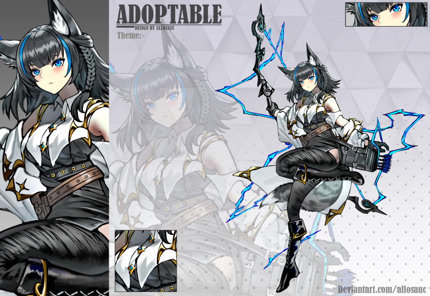 1girl 2021 adoptable allosauc animal_ear_fluff animal_ears arm_cutout arrow_(projectile) artist_name bare_shoulders belt belt_bag black_bag black_belt black_footwear black_gloves black_hair black_leotard black_pants blue_eyes blue_hair boots bow_(weapon) braid brown_bag brown_belt buttons close-up closed_mouth clothing_cutout collared_shirt commentary cowboy_shot cross-laced_footwear deviantart_username diamond_button electricity electrokinesis english_commentary english_text eyelashes fingerless_gloves full_body gloves gradient_background grey_background highres holding holding_bow_(weapon) holding_weapon jacket jacket_partially_removed knee_boots leg_cutout leotard leotard_under_clothes light_blush light_frown long_sleeves looking_at_viewer medium_hair multicolored_hair multiple_belts multiple_views original pants polka_dot polka_dot_background projected_inset reference_sheet shirt simple_background single_braid streaked_hair studded_belt triangle_background weapon white_jacket white_shirt white_sleeves wolf_ears