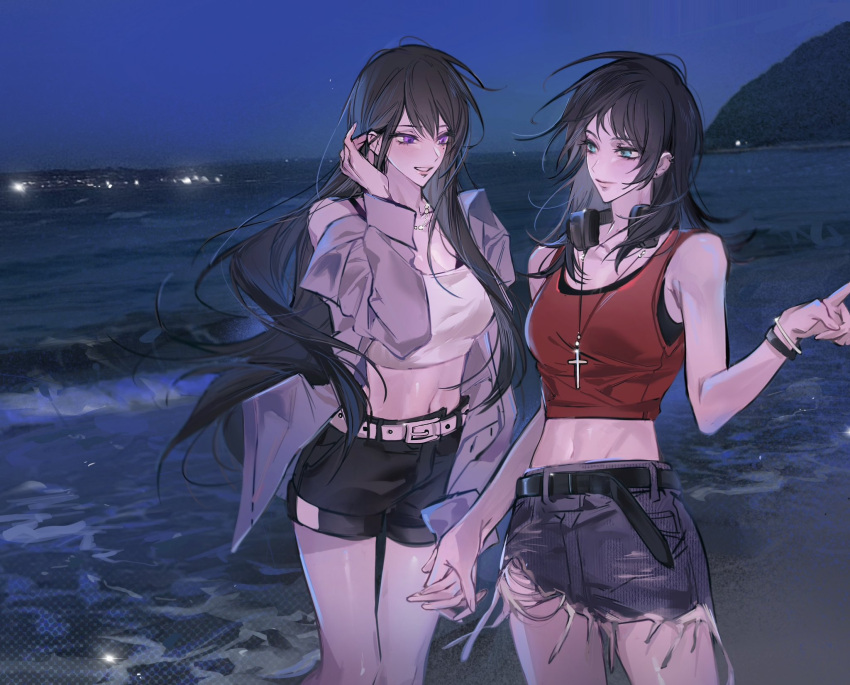 2girls bang_dream! bang_dream!_it's_mygo!!!!! beach belt belt_buckle black_belt black_hair black_shorts bracelet breasts buckle cleavage closed_mouth collarbone commentary couple cropped_shirt ear_piercing earrings floating_hair green_eyes hair_between_eyes hair_tucking headphones highres holding_hands jacket jewelry long_hair looking_at_another m_omoo midriff mole mole_under_eye multiple_girls necklace night ocean open_clothes open_jacket open_mouth photo_background piercing purple_eyes purple_jacket red_tank_top shiina_taki shorts single_bare_shoulder single_off_shoulder stud_earrings symbol-only_commentary tank_top very_long_hair white_belt yahata_umiri yuri