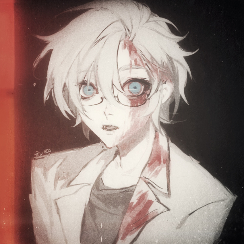 1boy blood blood_on_clothes blood_on_face blue_eyes chinese_commentary colored_skin commentary_request film_grain glasses grey_shirt highres kanou_aogu lab_coat li_yu light_particles looking_at_viewer male_focus open_clothes open_mouth portrait saibou_shinkyoku shirt short_hair solo white_hair white_skin